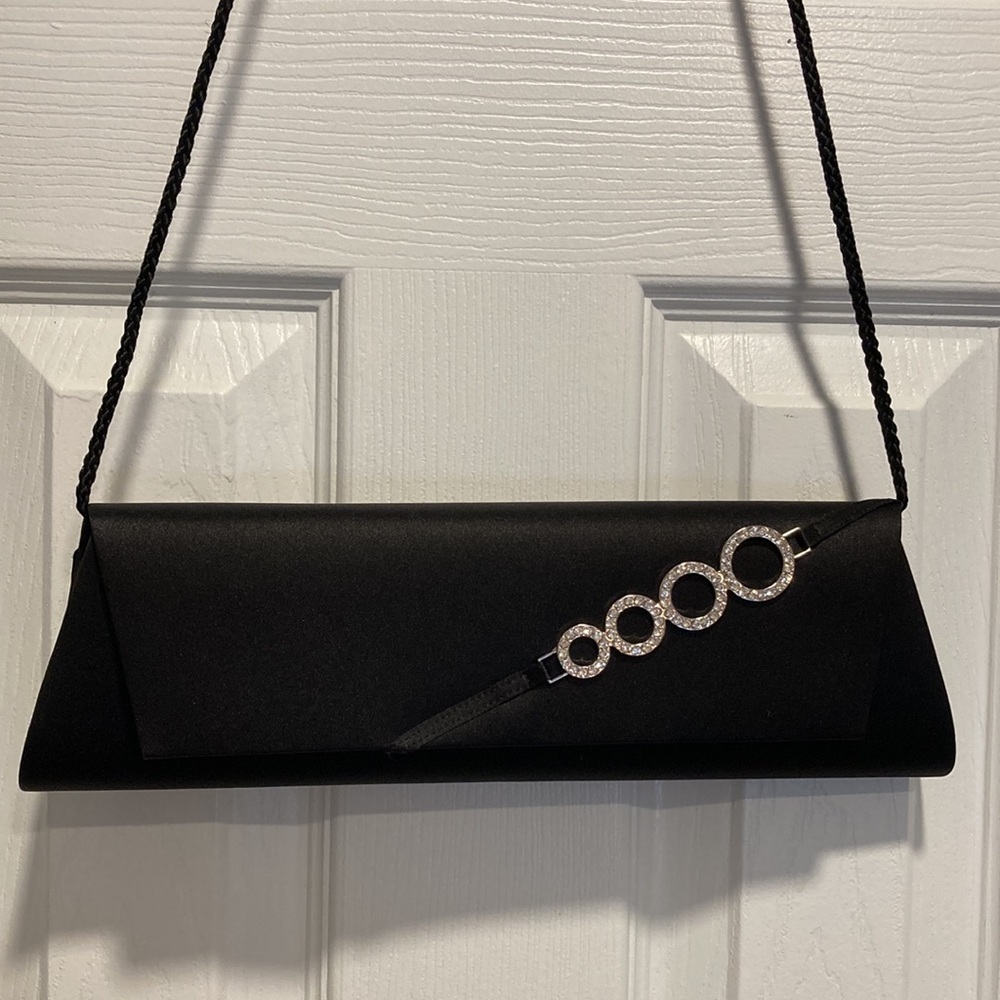 Black Satin Shoulder Evening Bag / Wristlet With Round Crystal Design